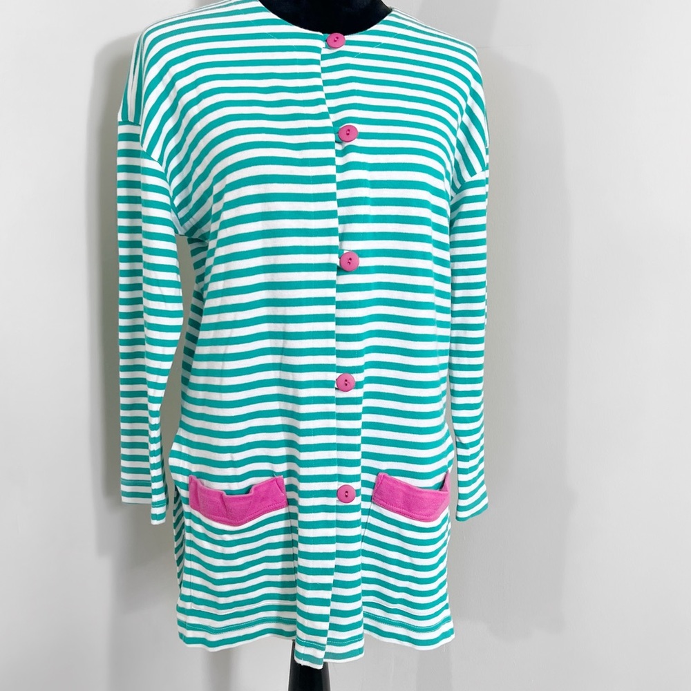 Windridge Vintage Sweater Long Sleeve Pink Buttons Green White Striped W Pockets